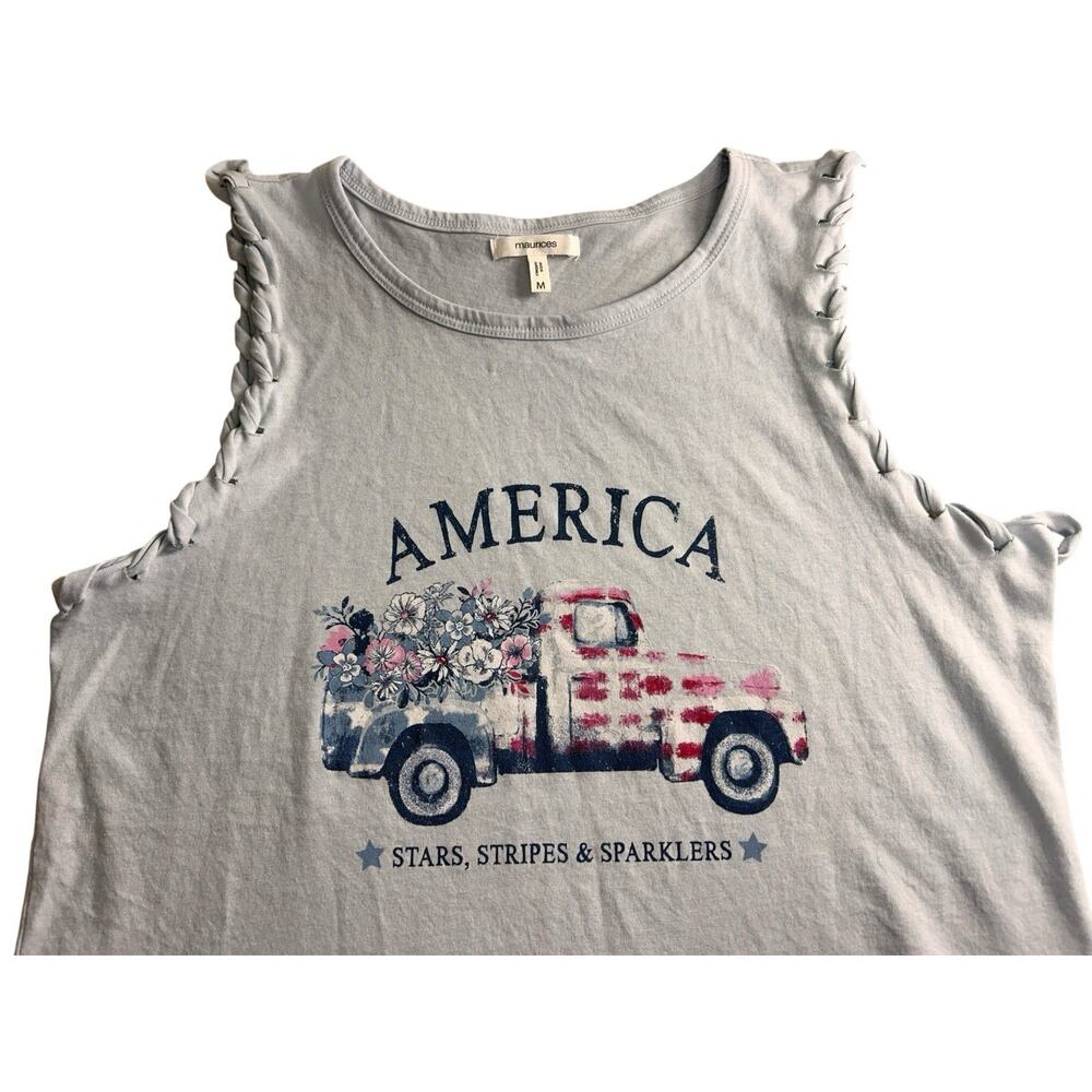 Womens Maurices America Patriotic Tee Sz M Sleeveless Truck T-Shirt Blue Tank - Picture 2 of 10